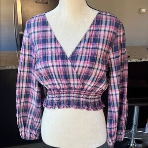 Free People Plaid V-Neck Smocked Crop Top